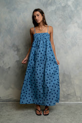 Taylen Polka Dot Maxi Dress in Dusty Blue
