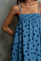 Taylen Polka Dot Maxi Dress in Dusty Blue
