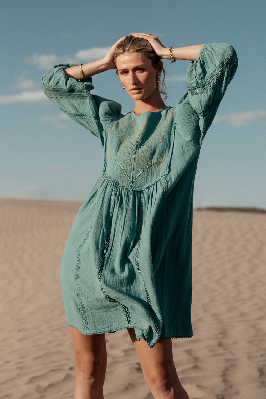 Serendipity Embroidered Dress in Light Teal