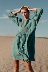 Serendipity Embroidered Dress in Light Teal