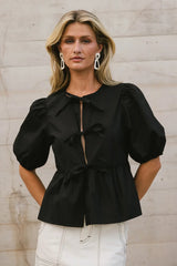Natalia Peplum Tie Blouse in Black