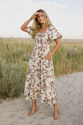 Dorothea Floral Midi Dress in Mocha