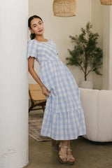 Jenna Gingham Maxi Dress in Blue