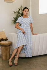 Jenna Gingham Maxi Dress in Blue