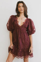 Tiana Embroidered Mini Dress in Red-Brown
