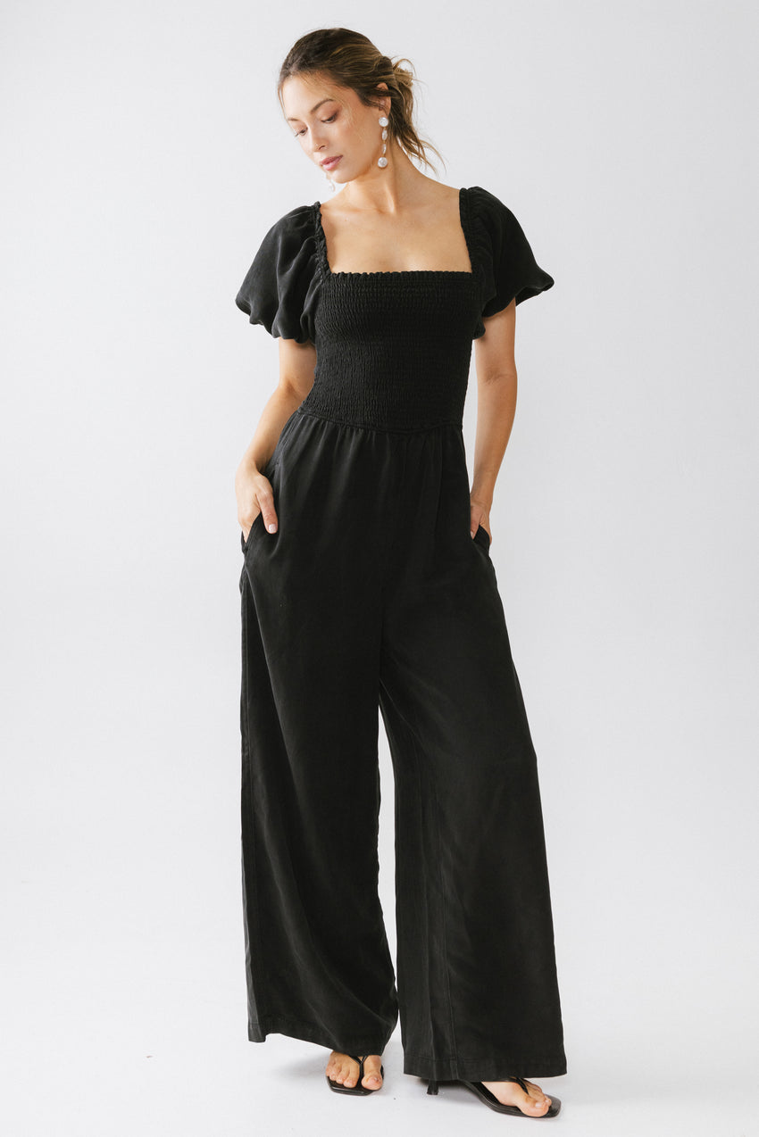 Piper Smocked Jumpsuit in Washed Black