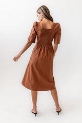 Paisley Smocked Midi Dress in Rust