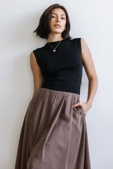 Tristan Mixed Media Midi Dress in Brown