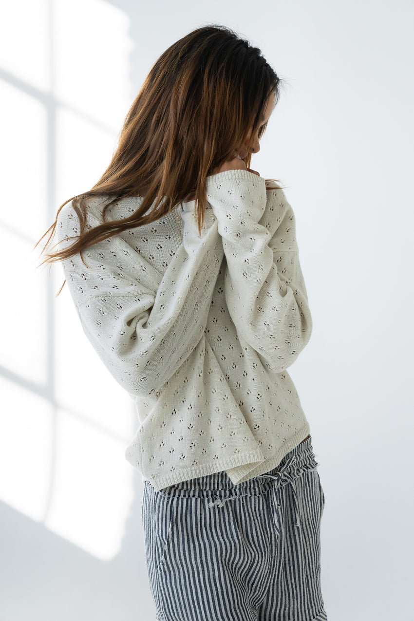Margot Pointelle Sweater in Heather White