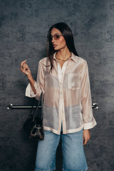 Liberty Sheer Button Up Blouse in Blush