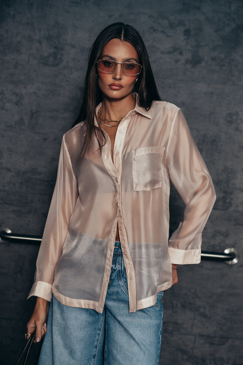 Liberty Sheer Button Up Blouse in Blush