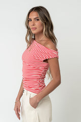 Michelle Boatneck Striped Top in Red