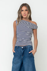 Michelle Boatneck Striped Top in Navy