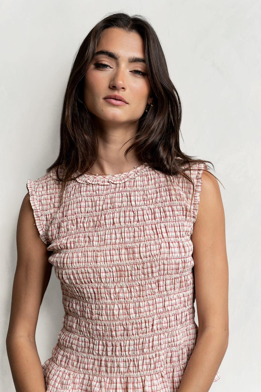 Mailee Plaid Smocked Tank in Red