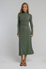 Ruth Ruched Midi Dress in Olive