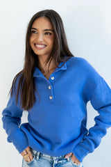 Meli Button Front Knit Sweater in Blue