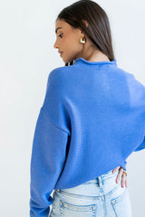 Meli Button Front Knit Sweater in Blue