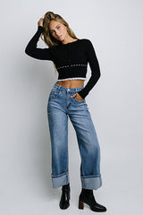 Jade Cuffed Wide Leg Jeans in Medium Wash