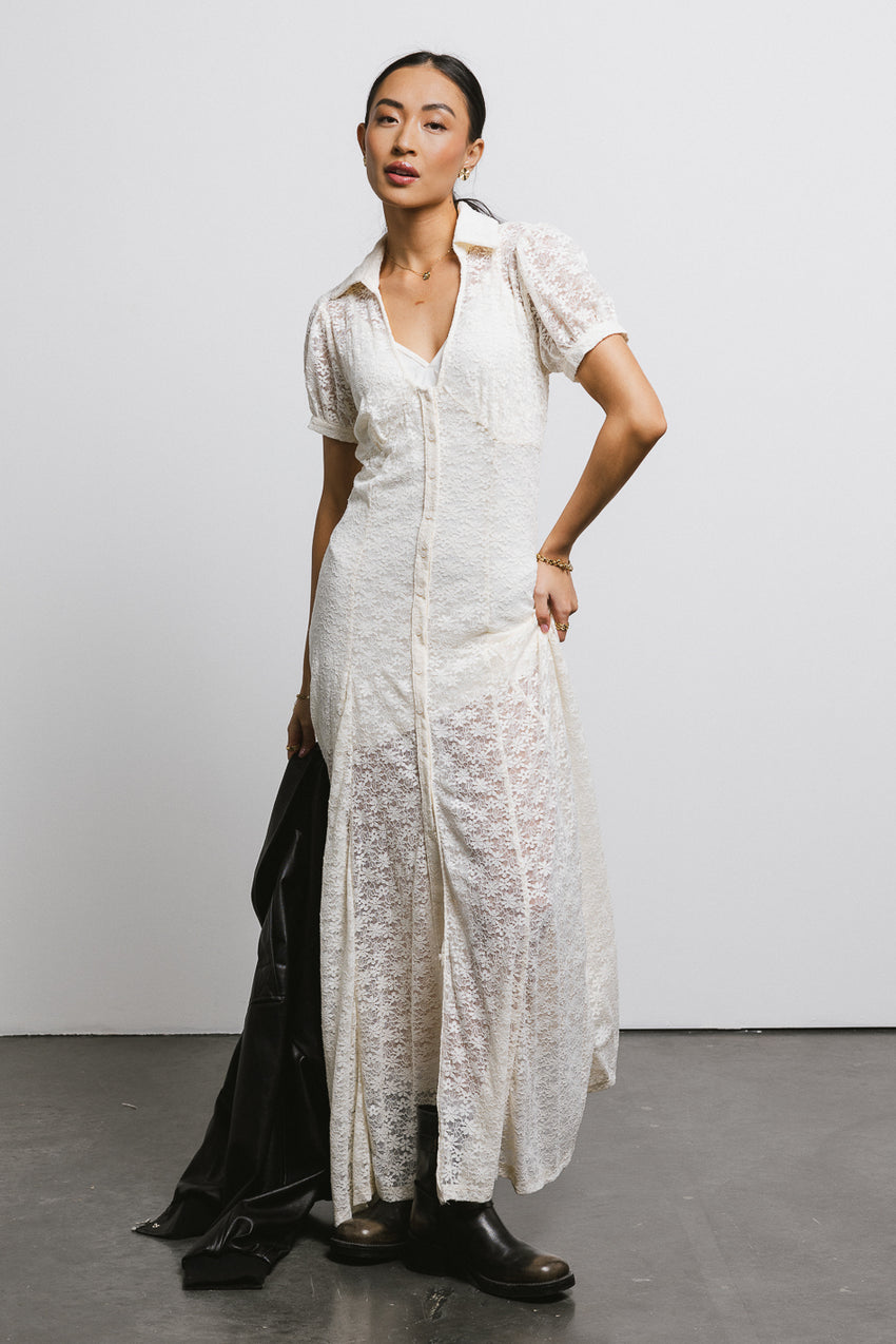 Lace Button Up Dress in Cream
