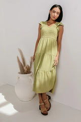 Rain Smocked Midi Dress in Green