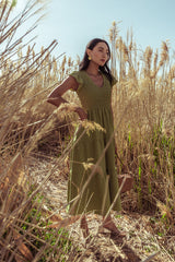 Rain Smocked Midi Dress in Green