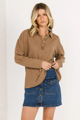 Isabelle Waffle Knit Henley Top in Mocha