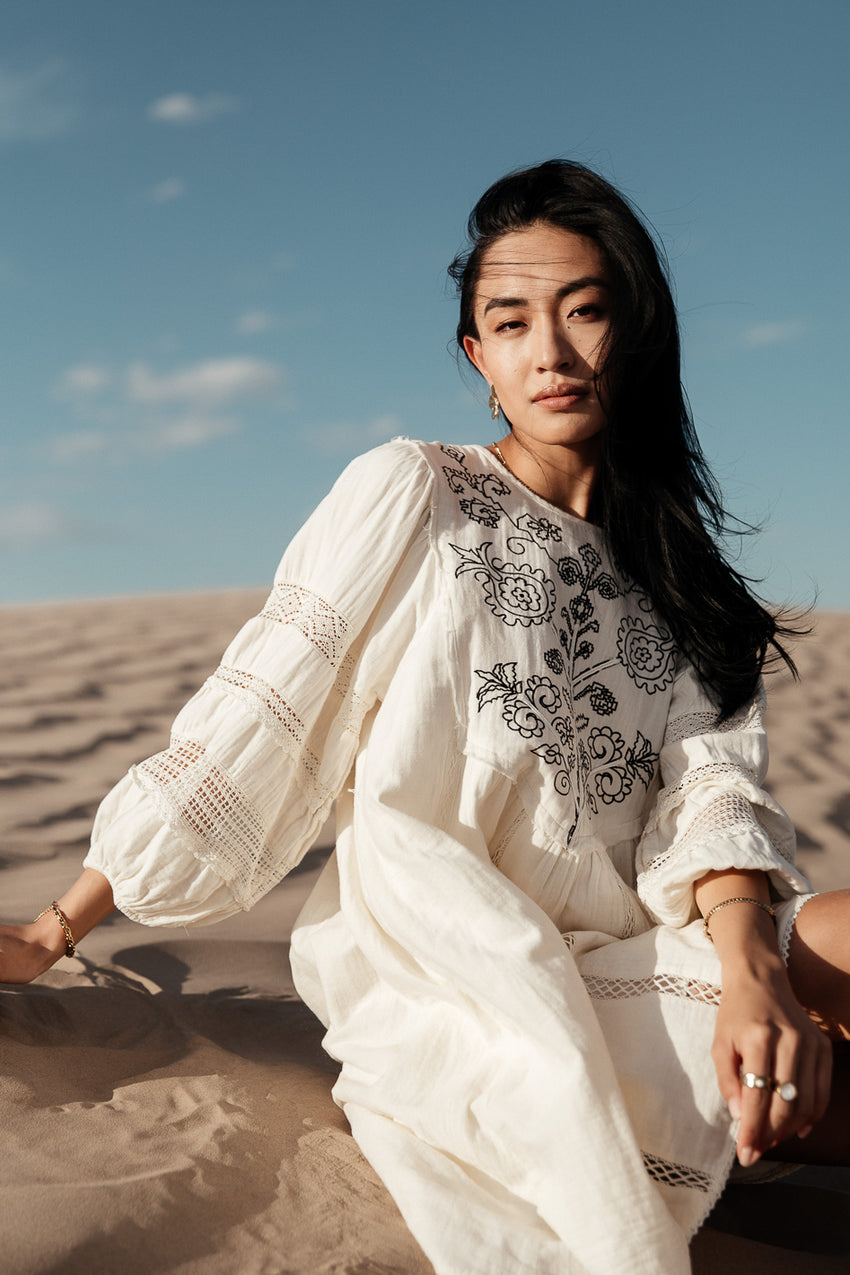 Serendipity Embroidered Midi Dress in Cream