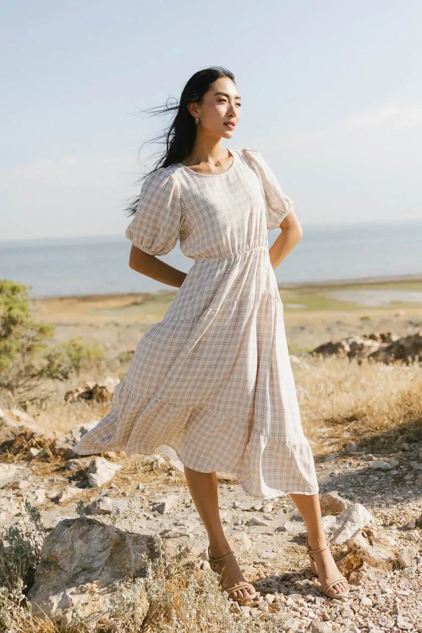 Melina Plaid Midi Dress in Taupe