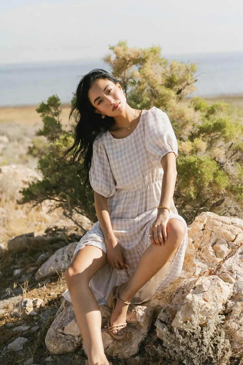 Melina Plaid Midi Dress in Taupe