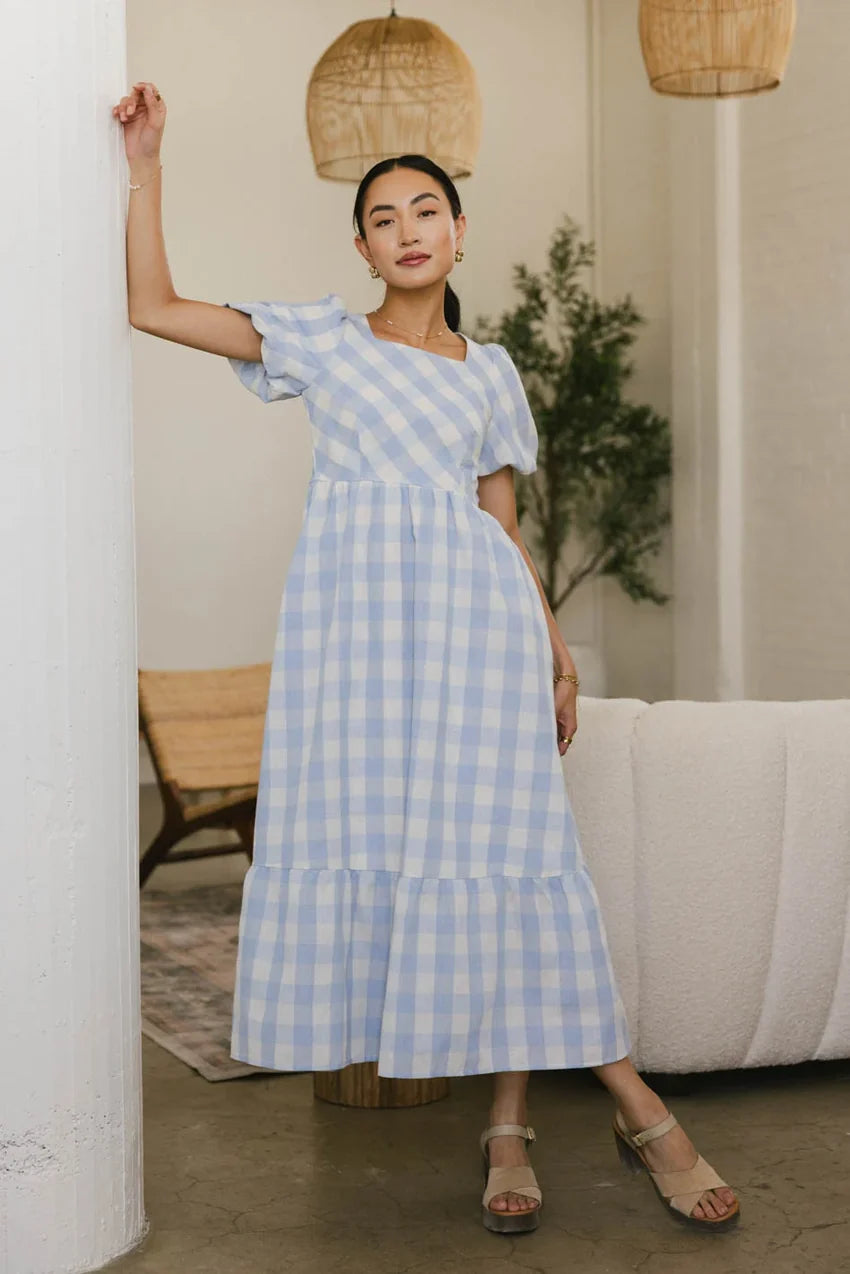 Jenna Gingham Maxi Dress in Blue