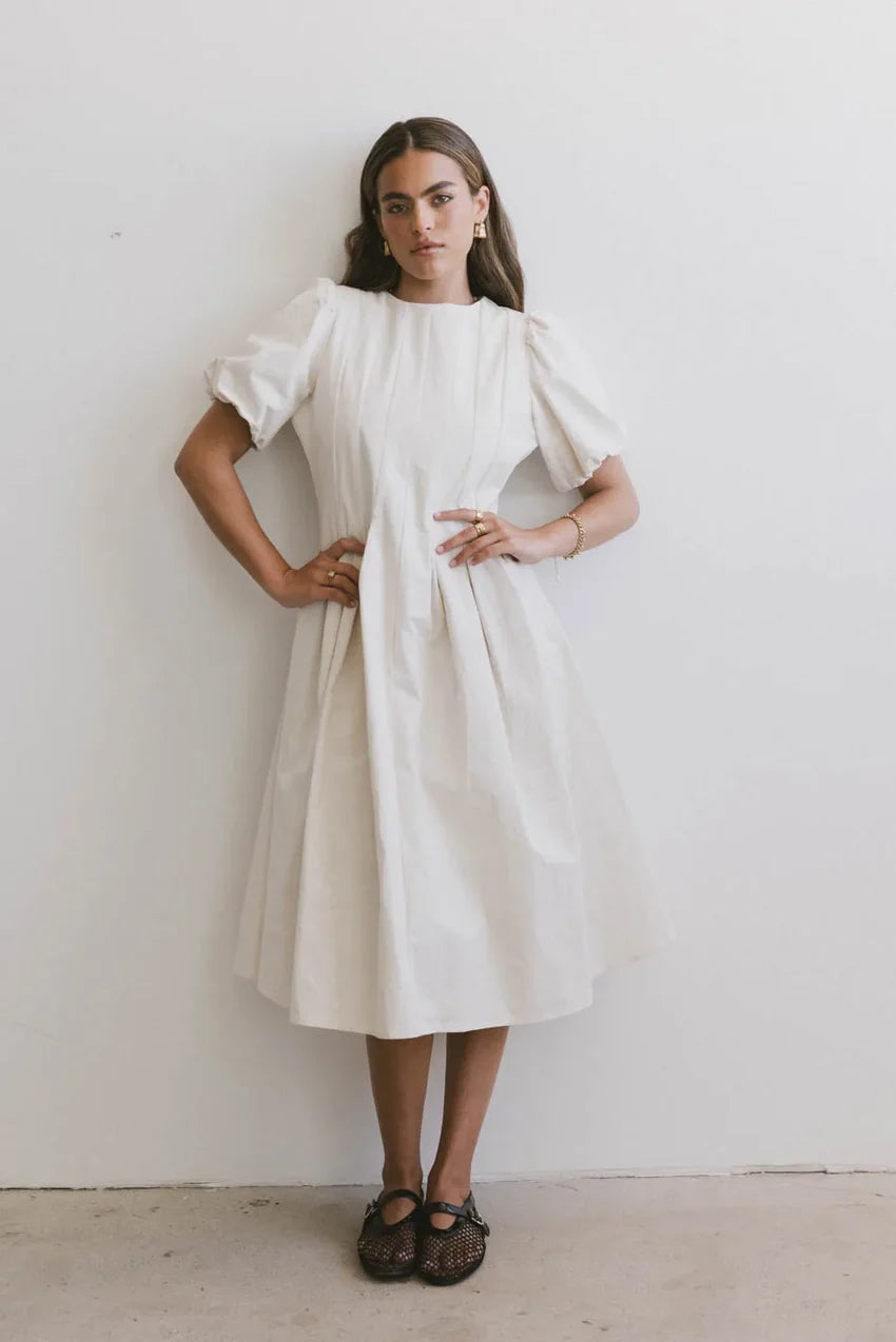 Eliana Pleated Midi Dress in Cream