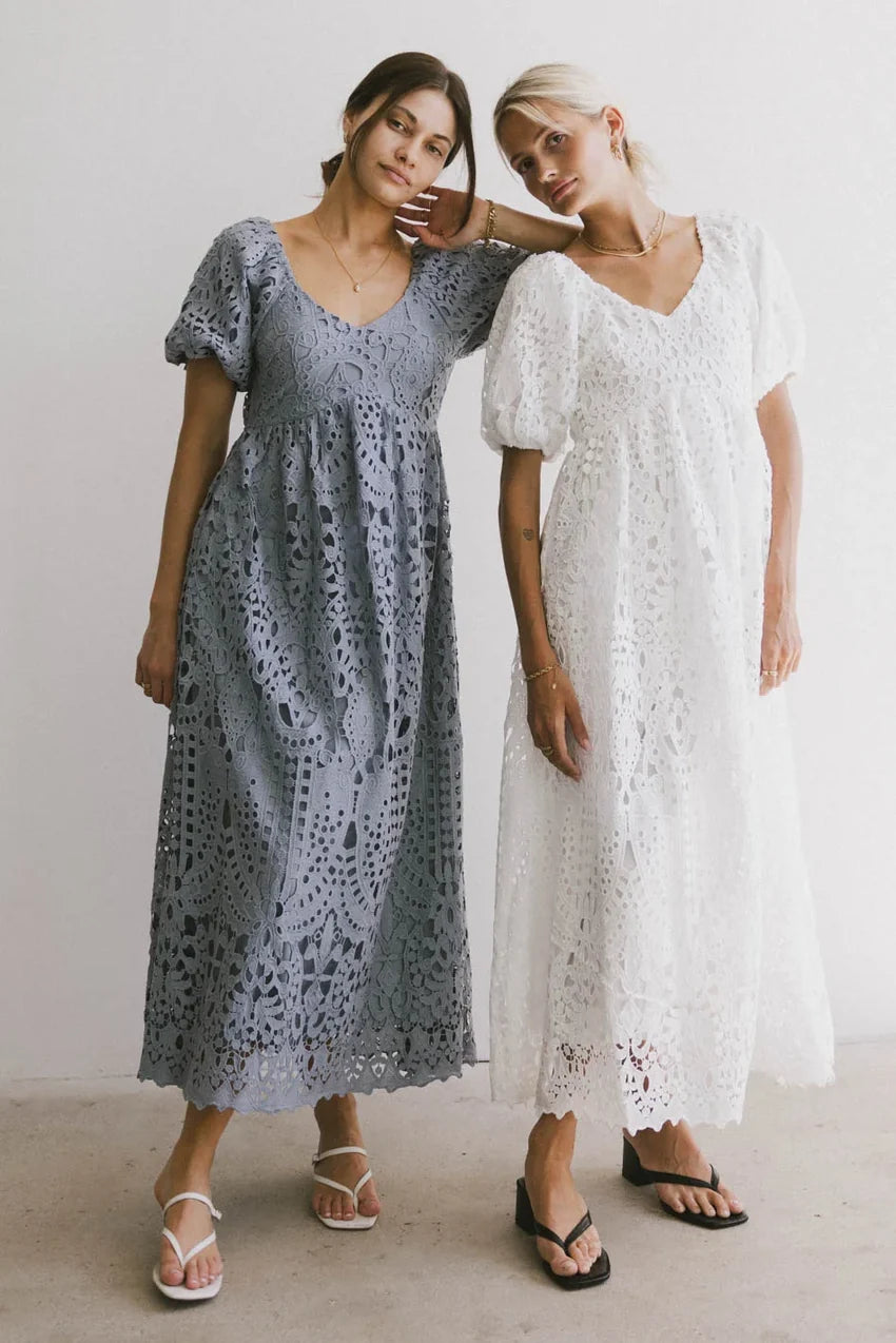 Devon Eyelet Lace Maxi Dress in Blue