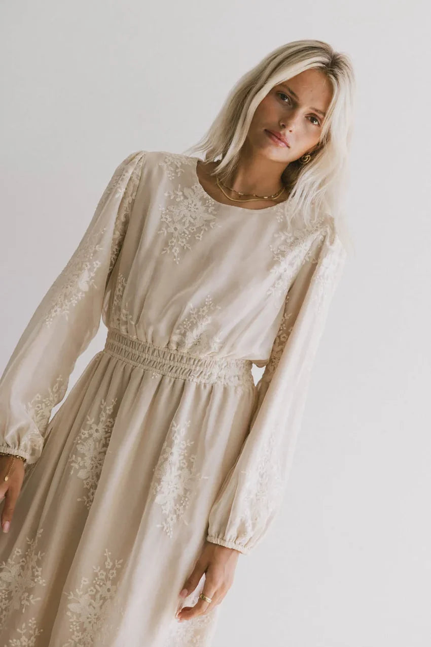 Andee Embroidered Midi Dress in Champagne