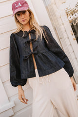 Maggie Peplum Tie Blouse in Dark Wash