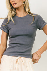 Kammie Ribbed Basic Tee in Slate Blue