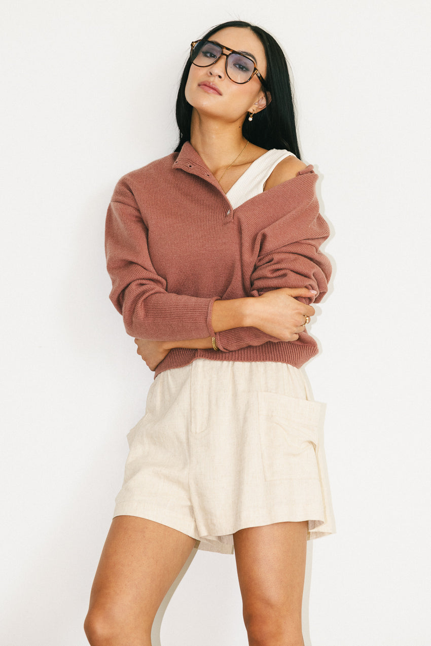 Meli Button Front Knit Sweater in Mauve