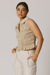 Russel Smocked Button Up in Taupe