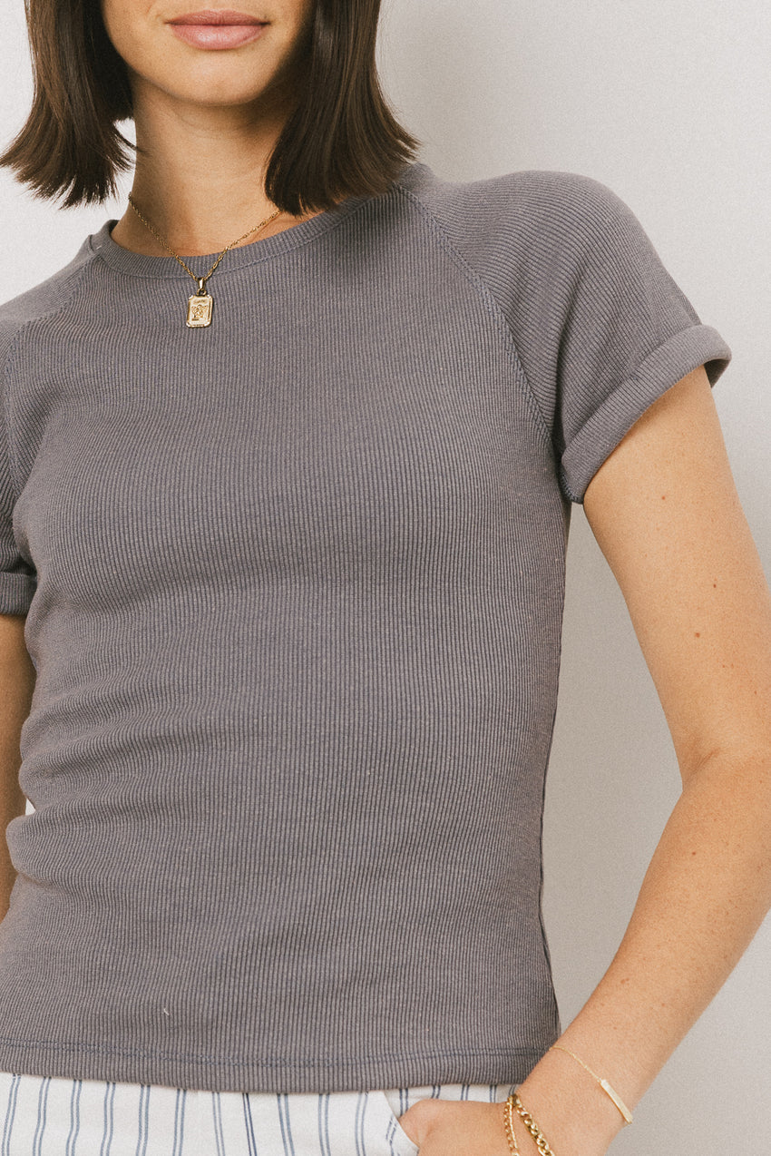 Kammie Ribbed Basic Tee in Slate Blue