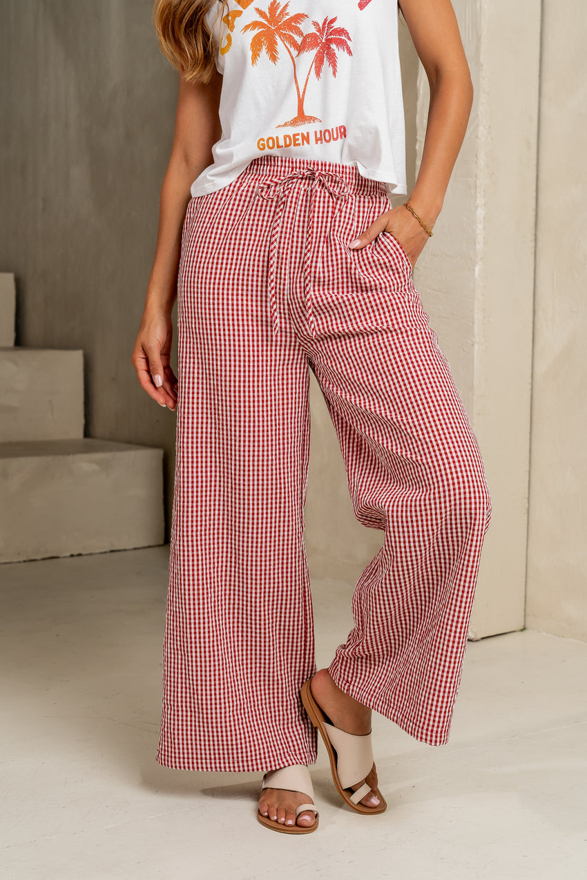 Ada Gingham Wide Leg Pants in Red