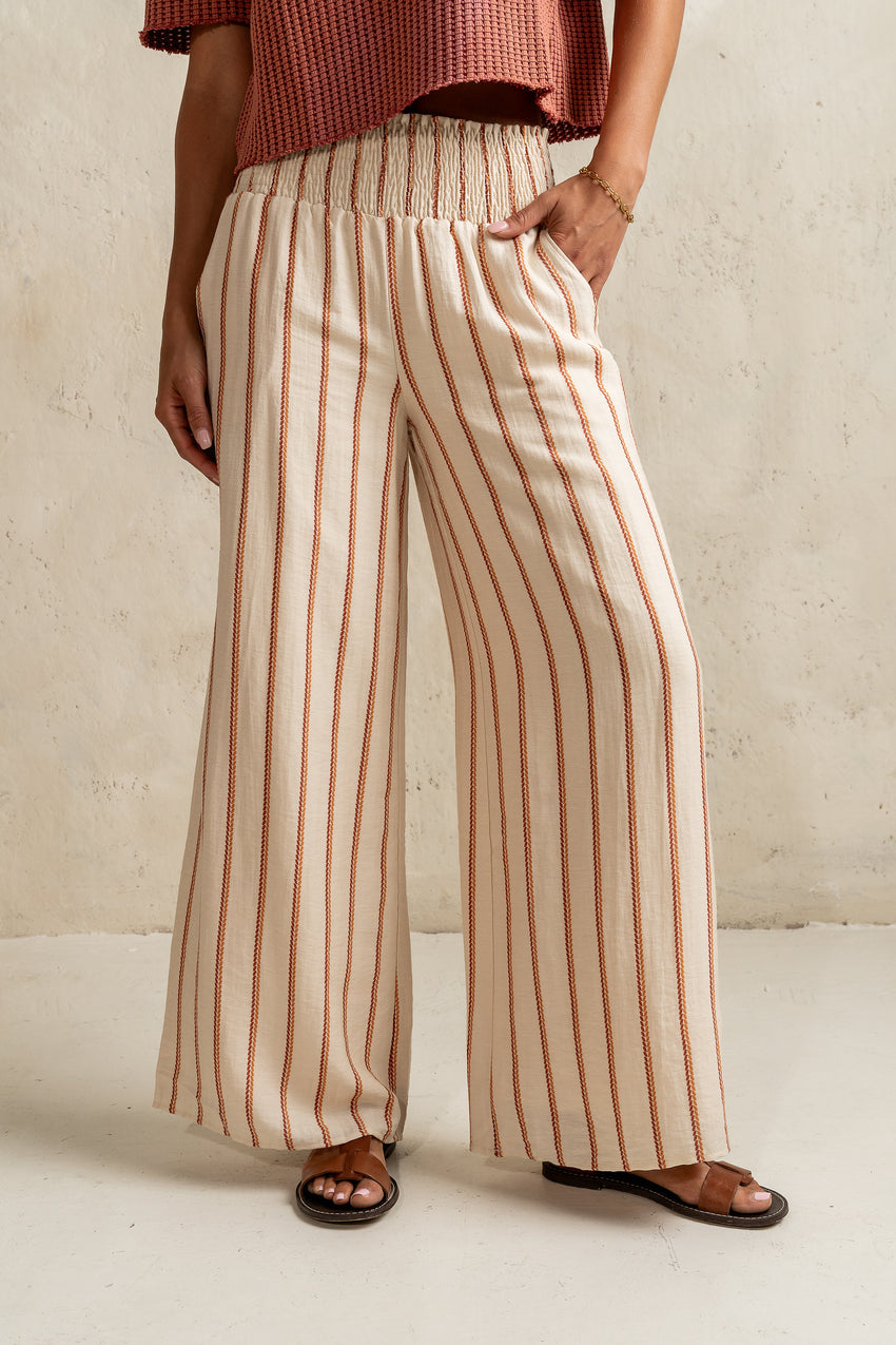 Emery Striped Wide-Leg Pants in Taupe