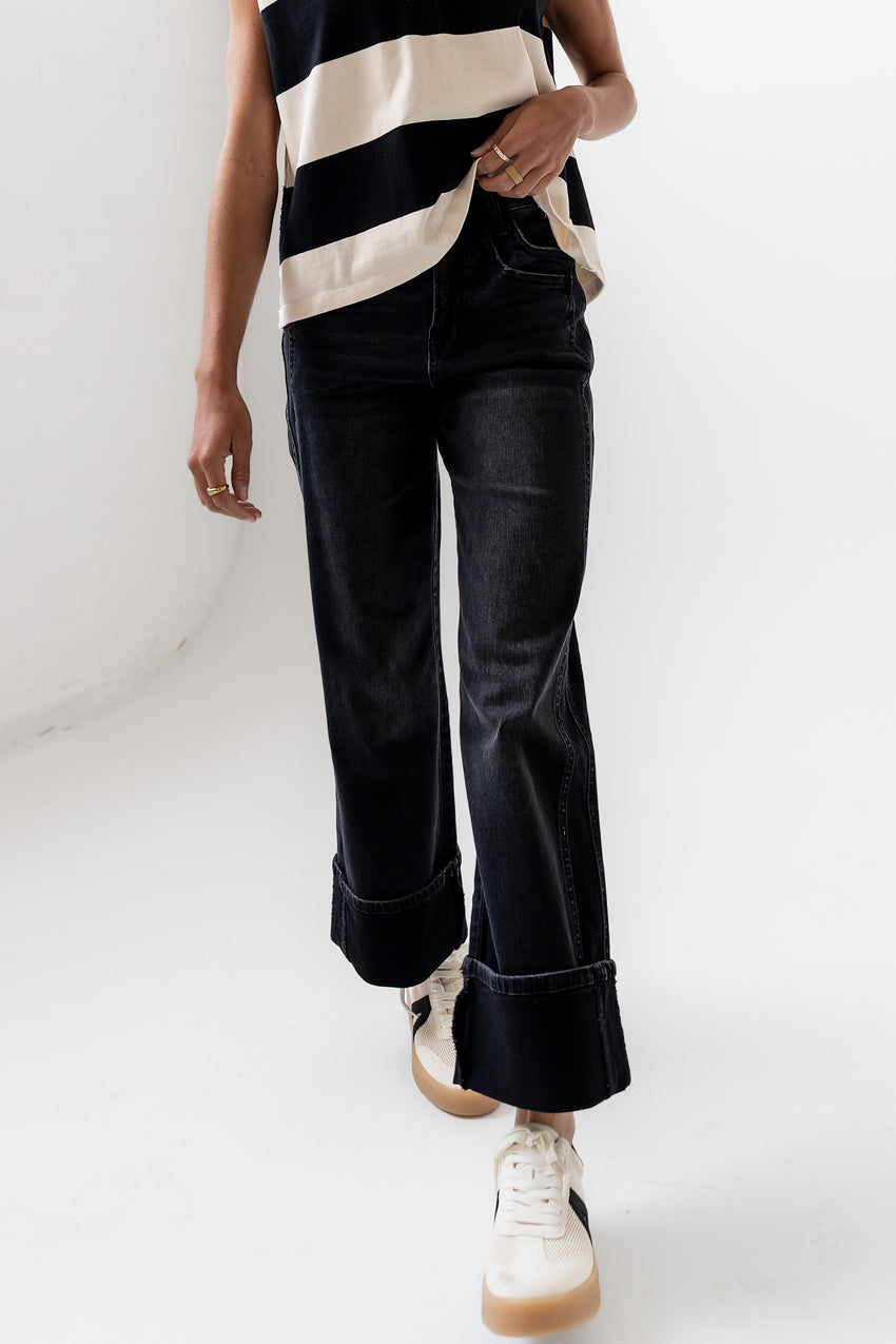 Jade Cuffed Wide Leg Jeans in Black