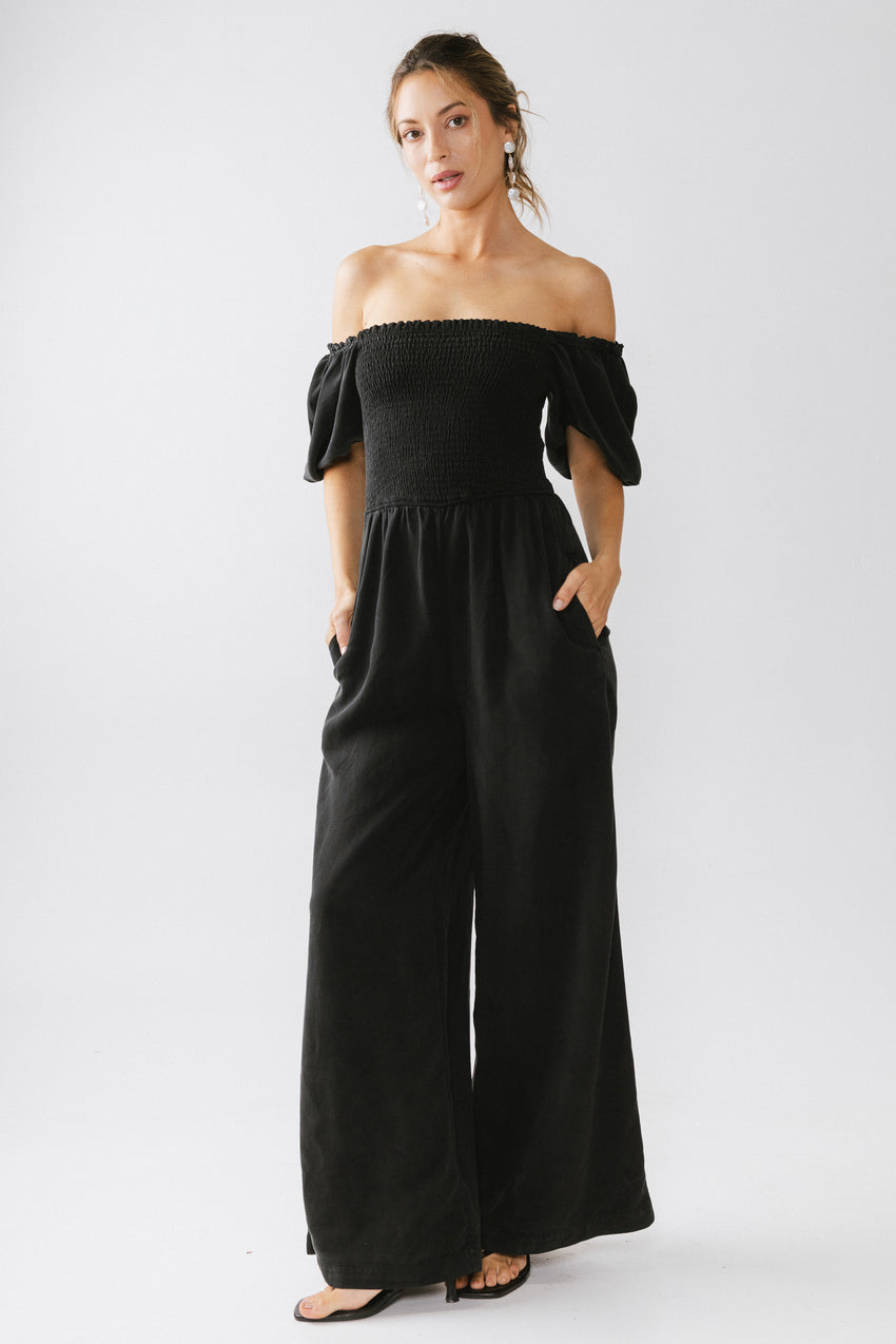 Piper Smocked Jumpsuit in Washed Black