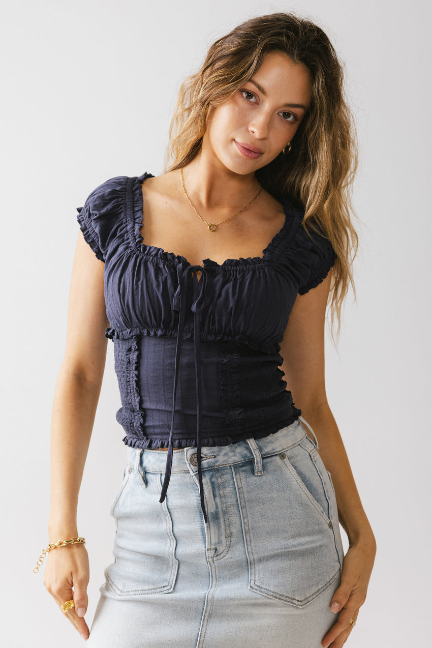 Taylor Ruffle Blouse in Navy