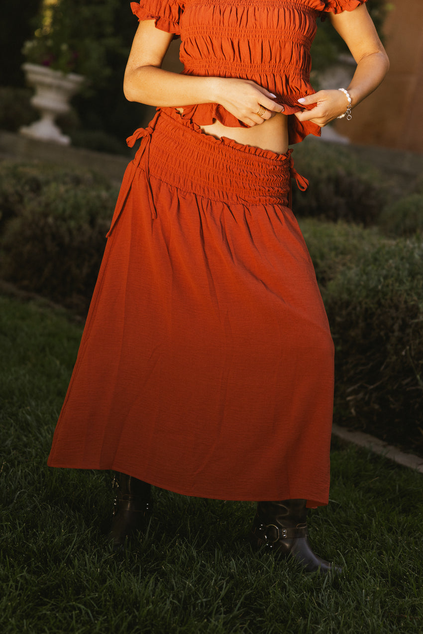Micah Smocked Maxi Skirt in Rust