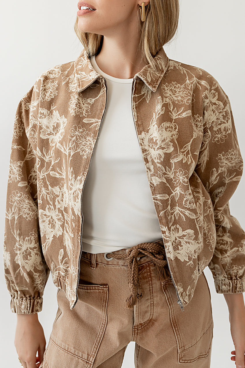 Kellie Floral Bomber Jacket in Camel