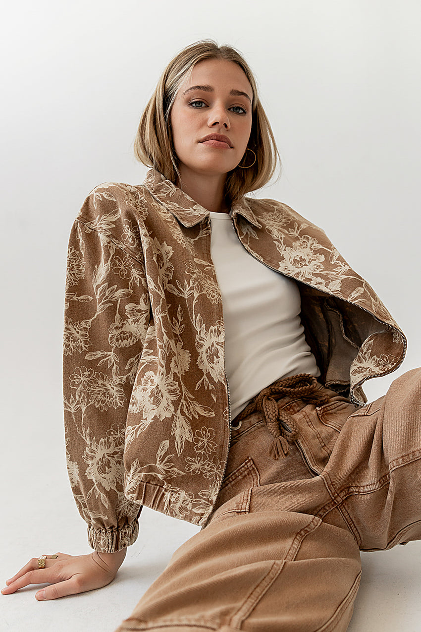 Kellie Floral Bomber Jacket in Camel