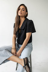 Ethan Tie Front Blouse in Black