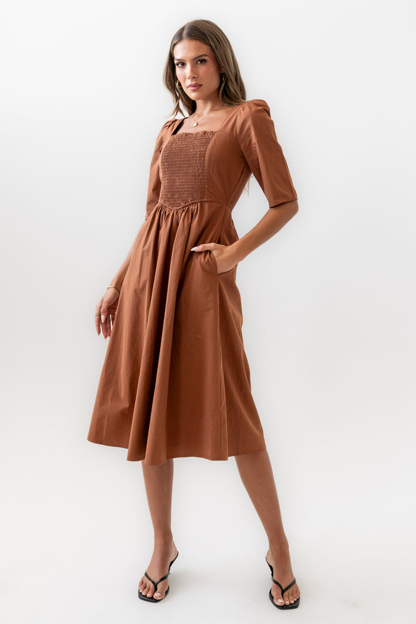 Paisley Smocked Midi Dress in Rust