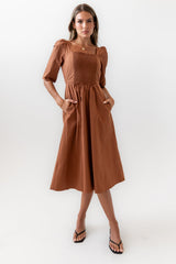 Paisley Smocked Midi Dress in Rust