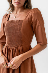 Paisley Smocked Midi Dress in Rust
